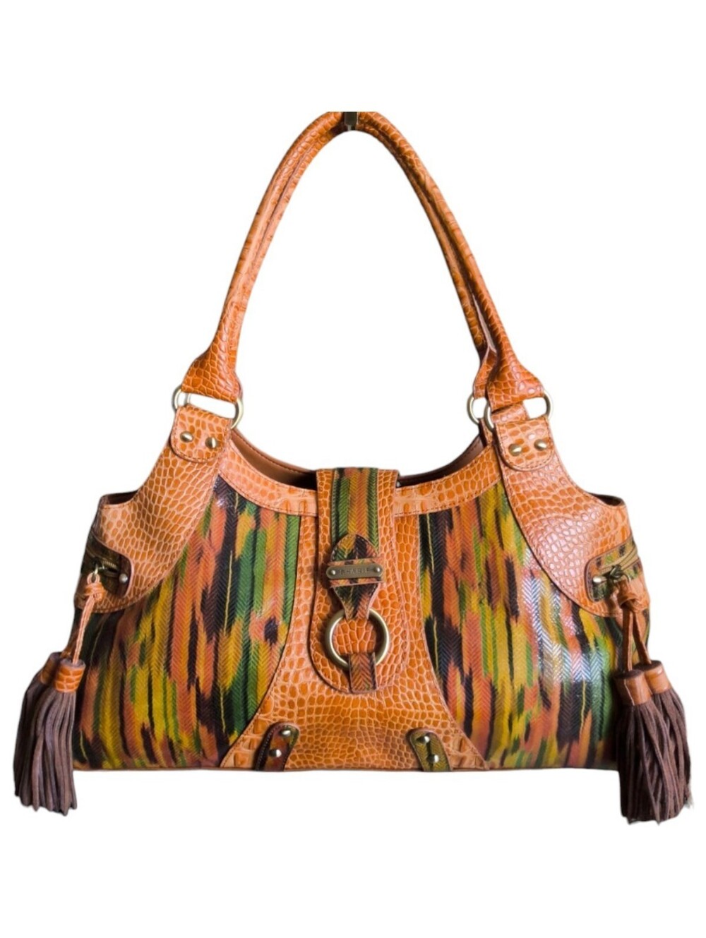 Sharif Earthtone Reptile Croc Embossed Leather Tassel Satchel Bag Maximalist